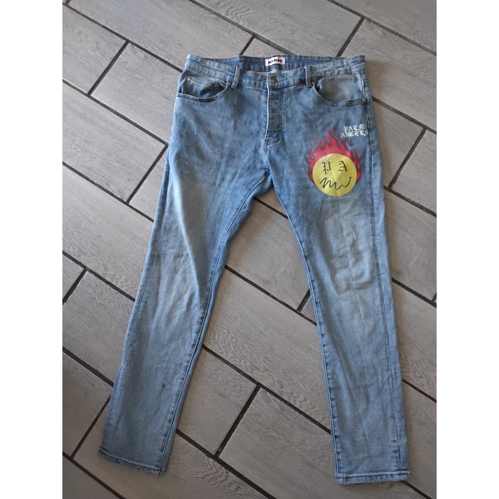Palm Angels Men Flaming Smiley Face Logo Light Wash Denim Slim Jeans Blue-36